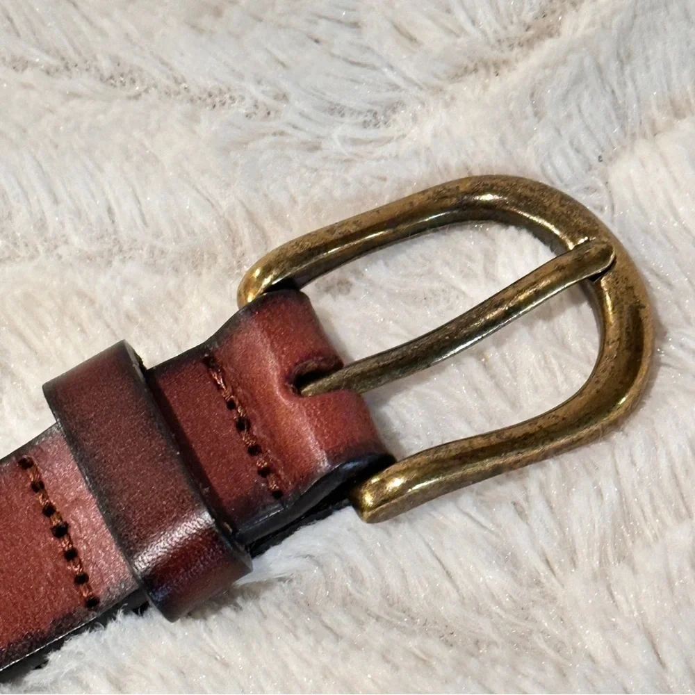 Brown Genuine Leather Laser Cutout Belt Womens M Single Prong Buckle Boho Retro